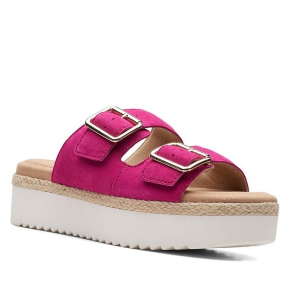 Clarks Women's Lana Beach Suede Double-Buckle Platform Slide Sandals Hot Pink 7